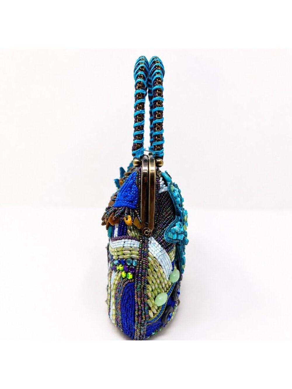 Chico's Beaded Evening Bag Blue Purple Floral Embellished Top Handle Purse - Picture 6 of 16
